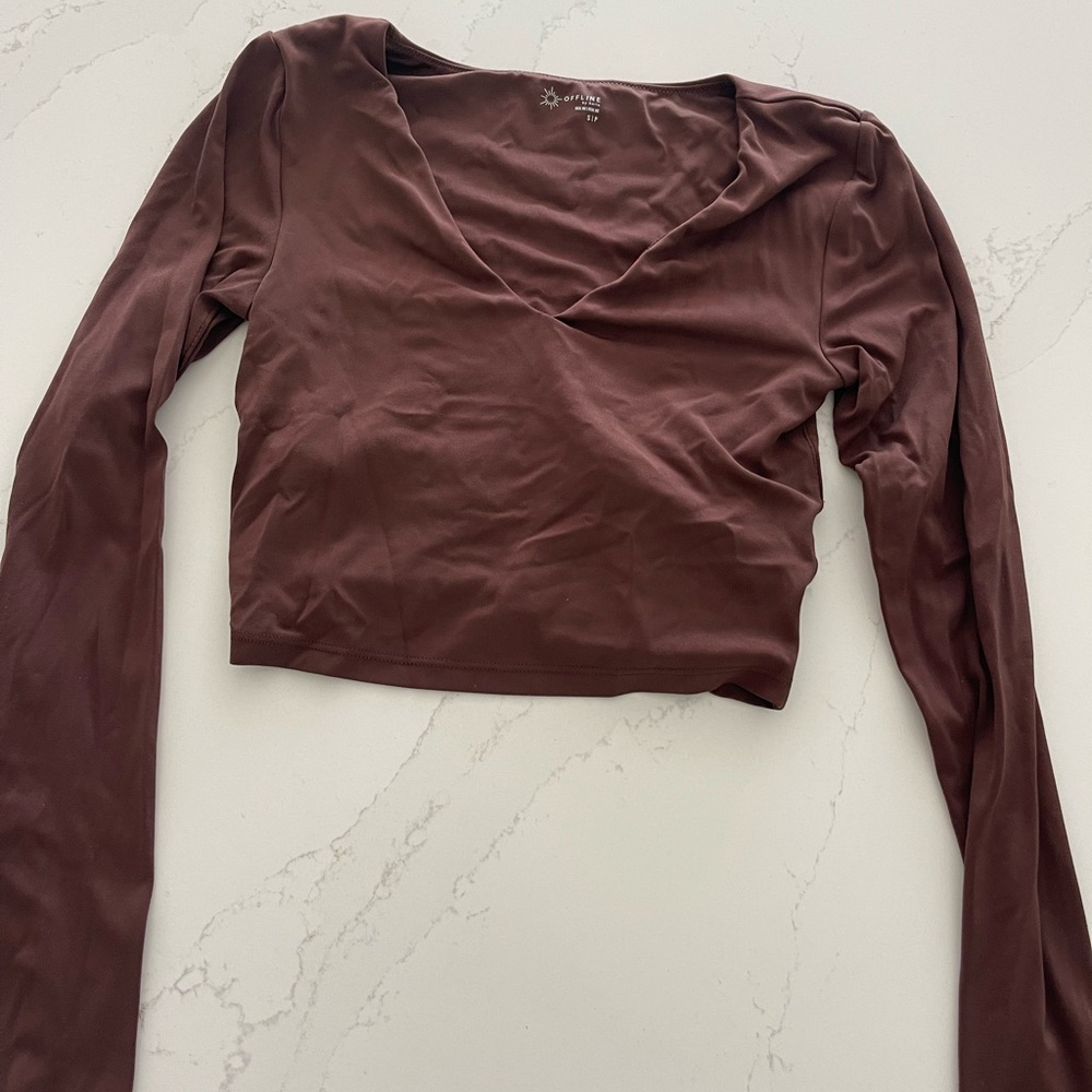 Aerie Brown Ribbed Crop Long Sleeve Blouse